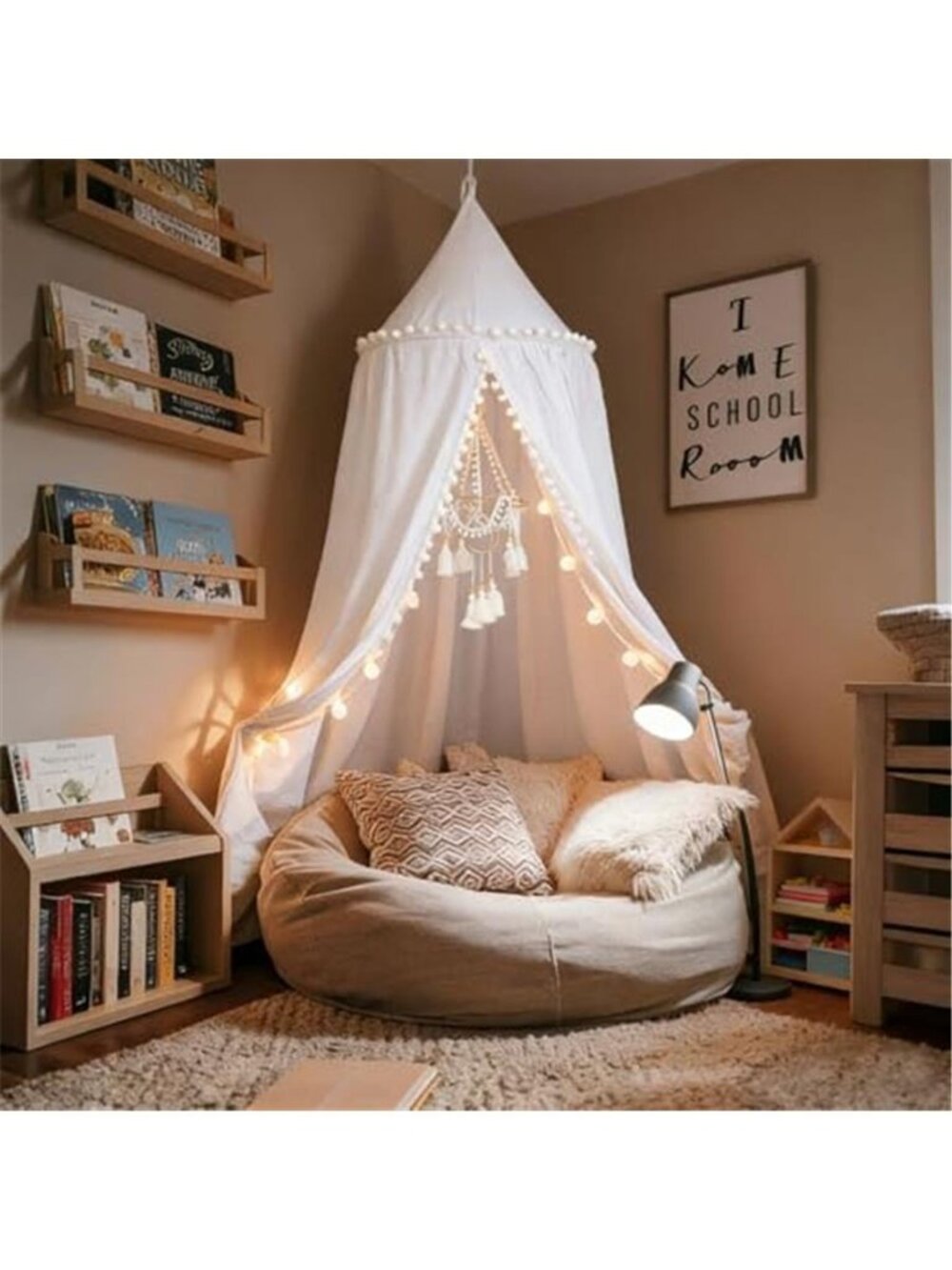 Bed Canopy with Pom Pom Kids Reading Nook Hanging Tent, White